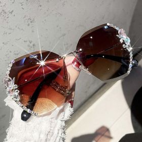 2023 Luxury Brand Design Vintage Rimless Rhinestone Sunglasses Women Men Fashion Gradient Lens Sun Glasses Shades (Lenses Color: 03 Gradient Brown)