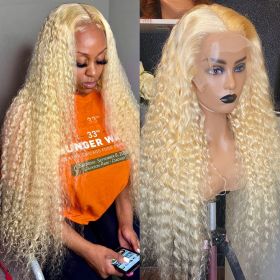 13x4 13x6 Hd Lace 613 Deep Wave Frontal Wig Human Hair 180% Brazilian Water Curly Honey Blonde Wig For Black Women Preplucked (Stretched Length, Density: 30inches, 150 density, Color: 13x6 Hd Lace Wig)