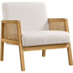 Fabric Upholstered Accent Chair with Rattan Sides (Color: Boucle Fabric Ivory)